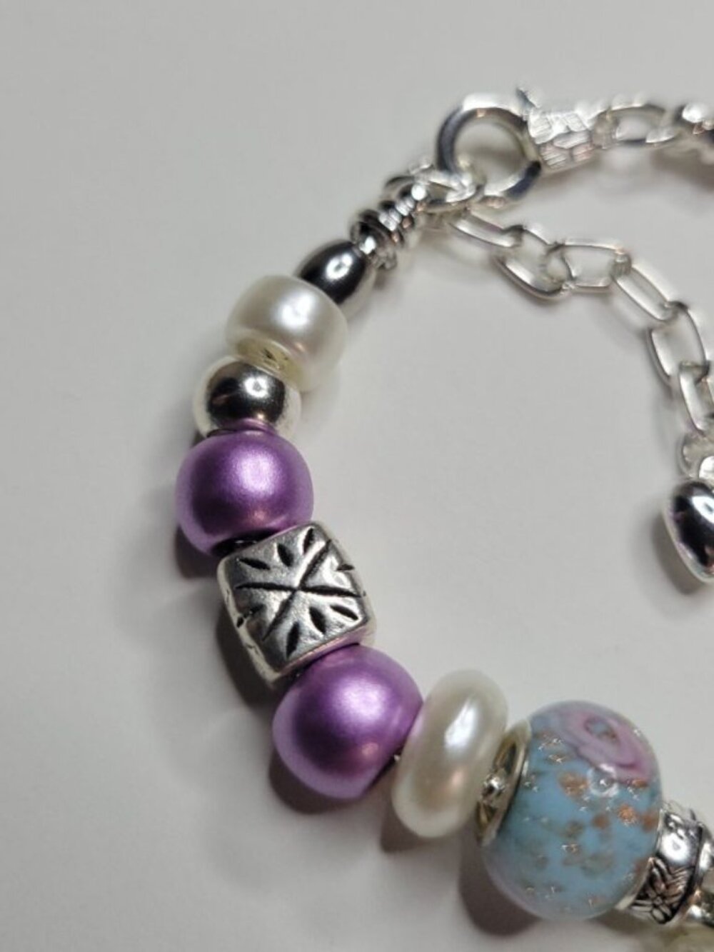 New Pandora Style Charm Bracelet Purple Silver Color White Daisy Stars Hearts - Picture 3 of 7